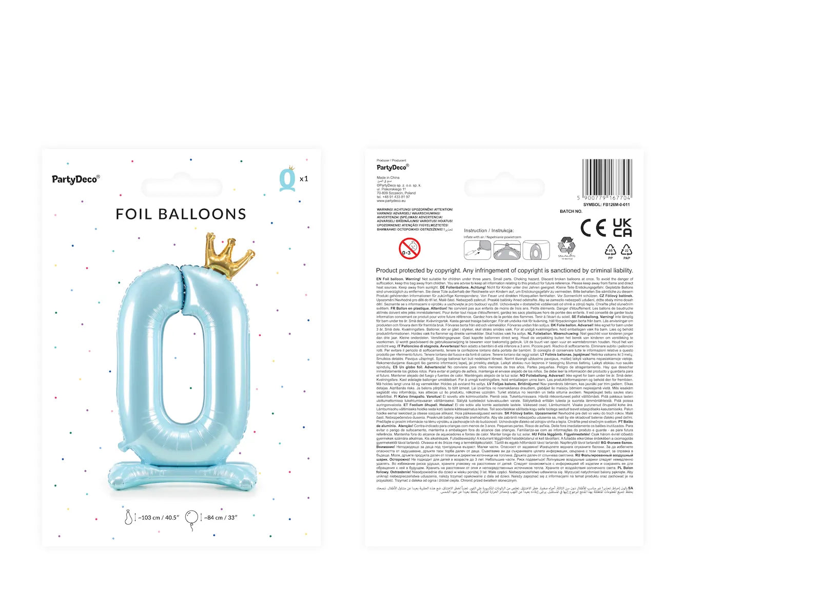 Standing Foil Balloon Number ''0'', 33.1 in,  Sky-Blue