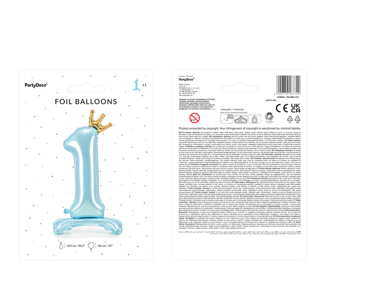 Standing Foil Balloon Number '' 1 '', 33.1 in,  Sky-Blue