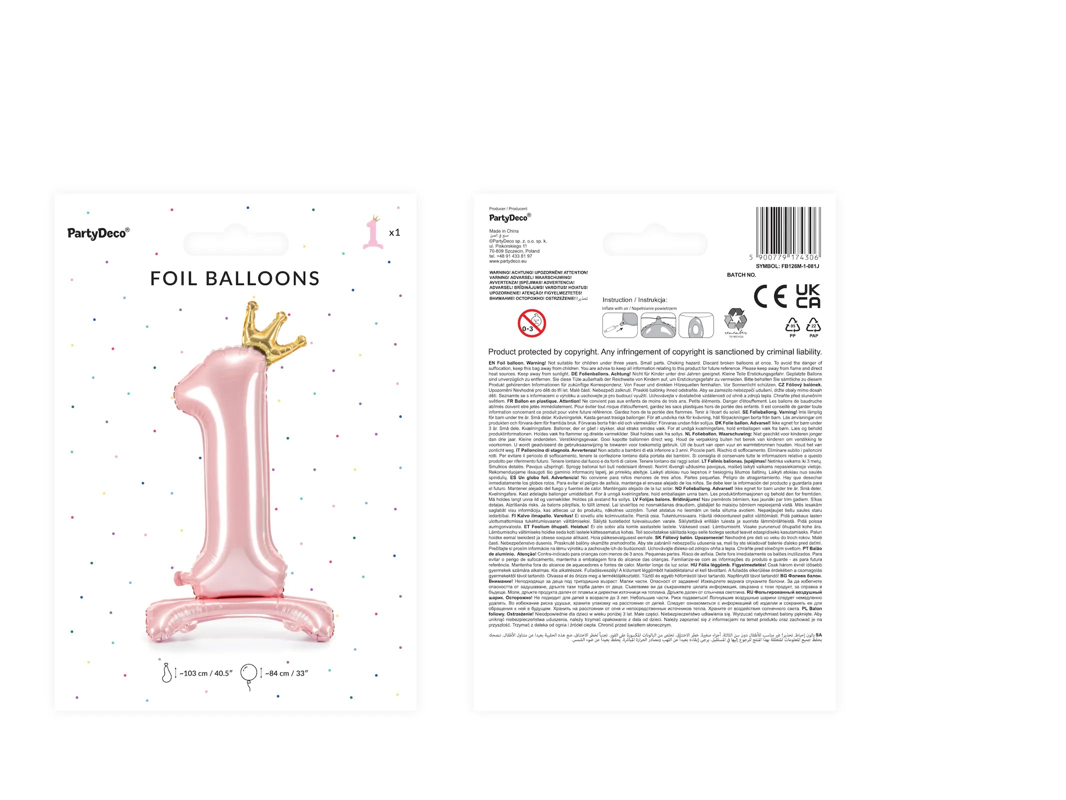 Standing Foil Balloon Number ''1'', 33.1 in,  Light Pink