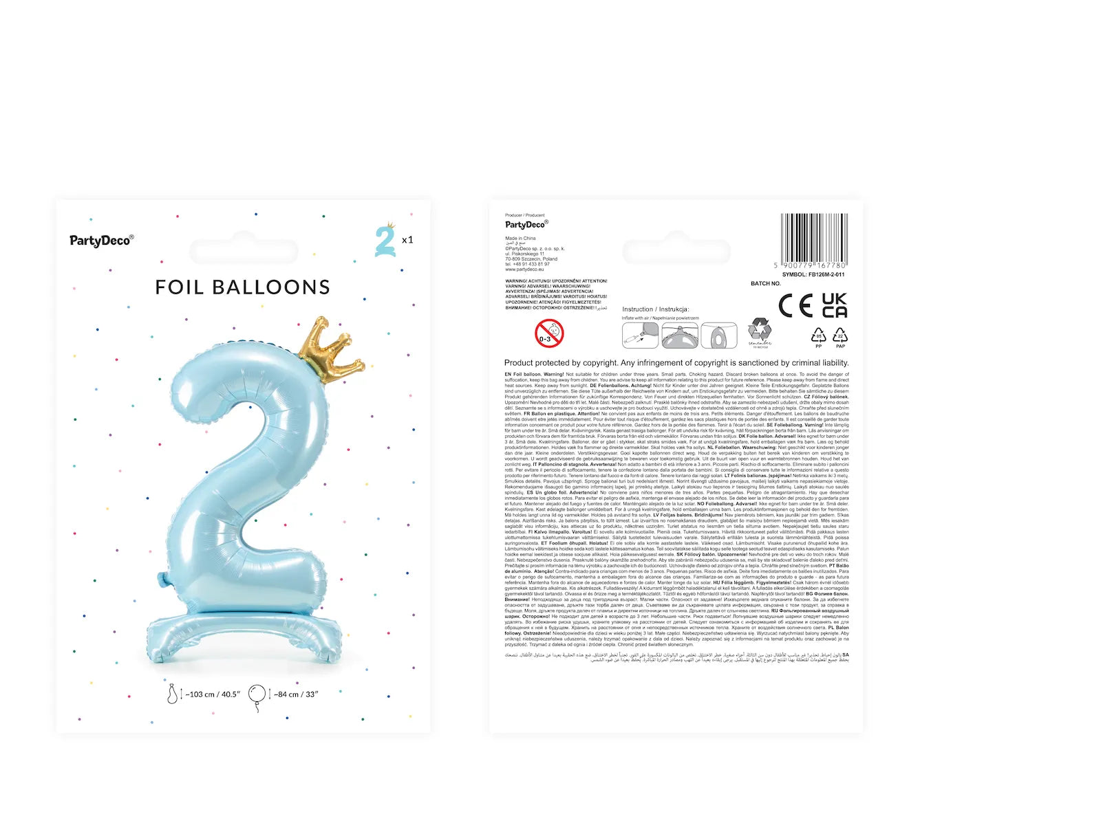 Standing Foil Balloon Number ''2'', 33.1 in,  Sky-Blue