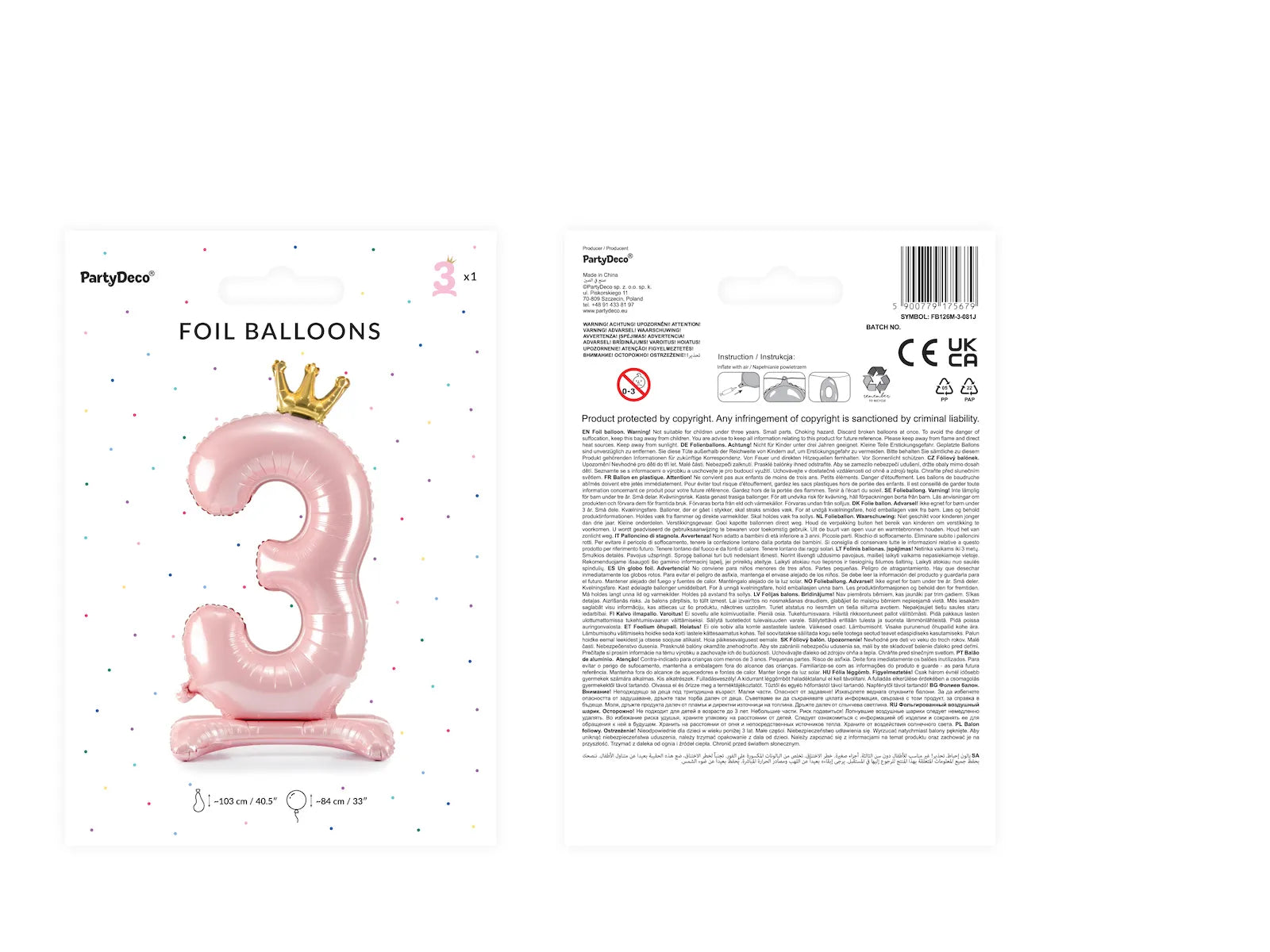 Standing Foil Balloon Number ''3'', 33.1 in,  Light Pink