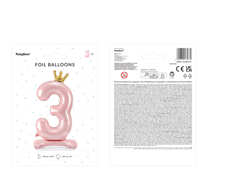Standing Foil Balloon Number ''3'', 33.1 in,  Light Pink