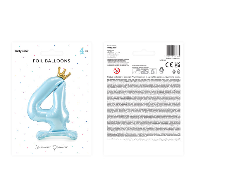 Standing Foil Balloon Number ''4'' , 33.1 in, Sky-Blue