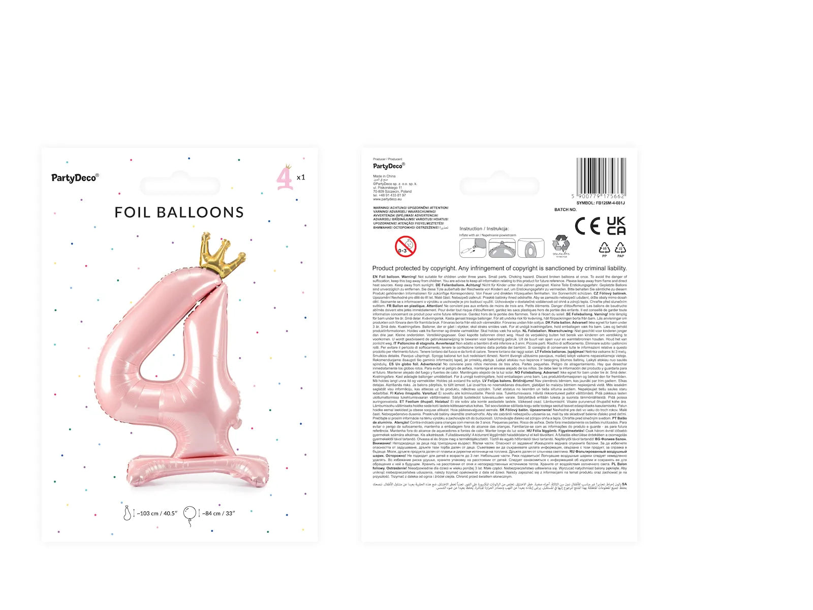 Standing Foil Balloon Number ''4'', 33.1 in,  Light Pink