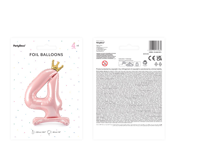 Standing Foil Balloon Number ''4'', 33.1 in,  Light Pink