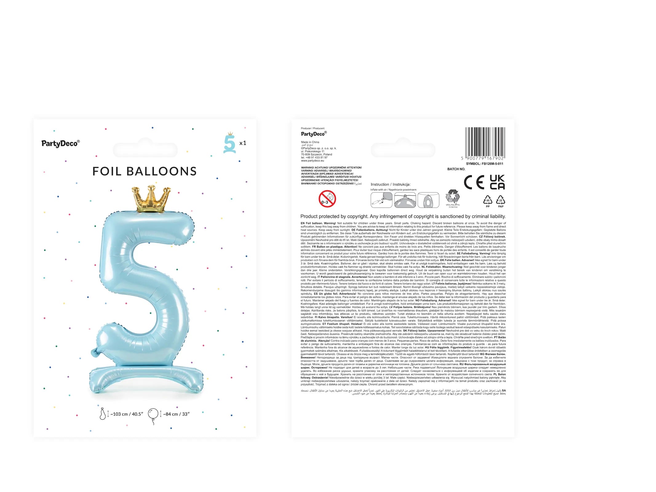Standing foil balloon Number ''5'', 33.1in,  sky-blue