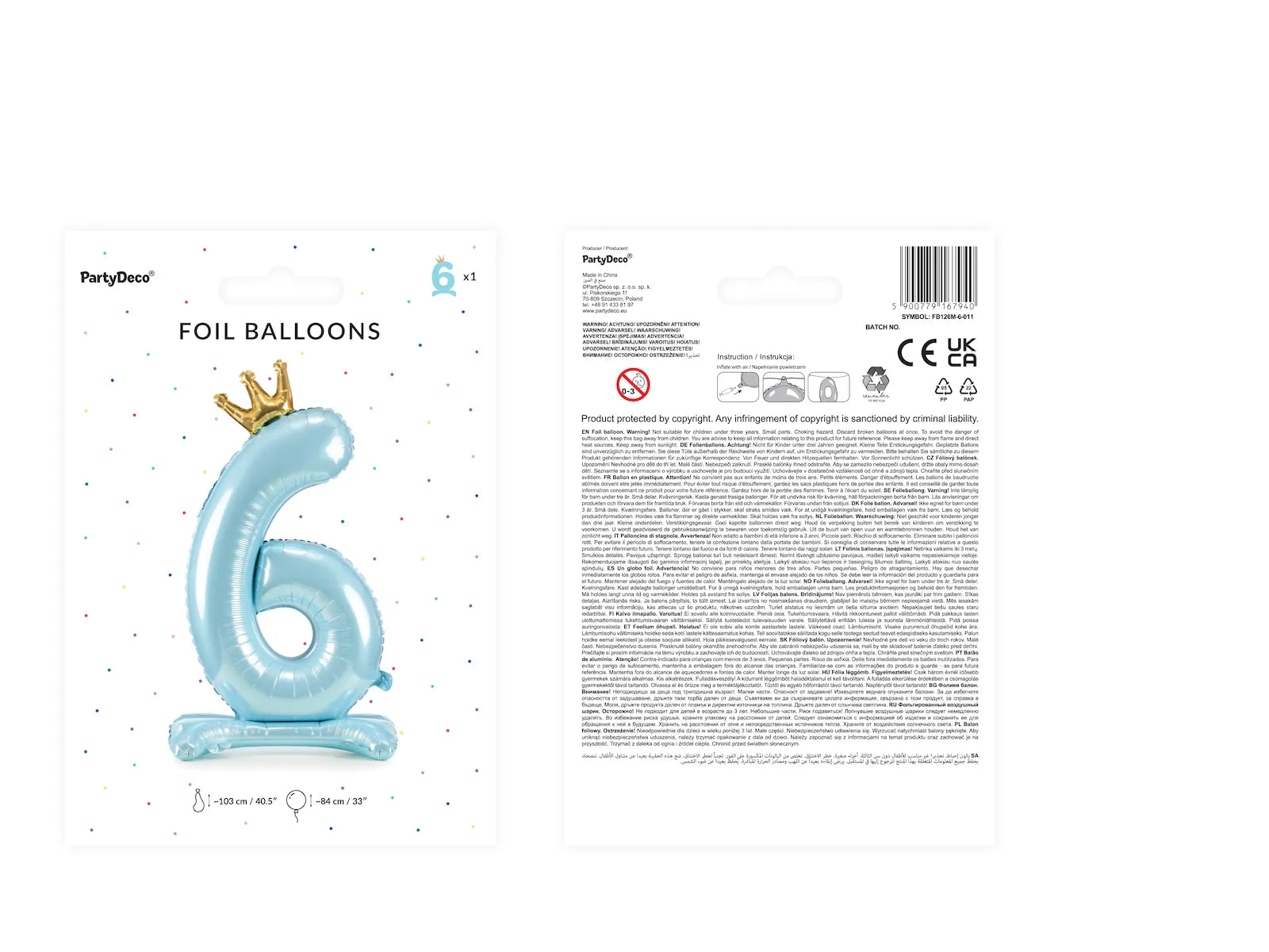 Standing Foil Balloon Number '' 6 '', 33.1 in,  Sky-Blue