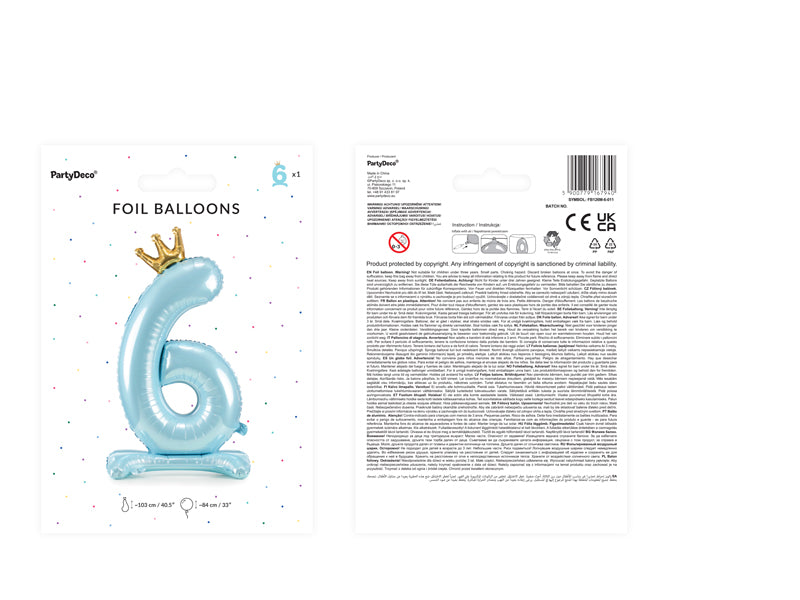 Standing Foil Balloon Number '' 6 '', 33.1 in,  Sky-Blue