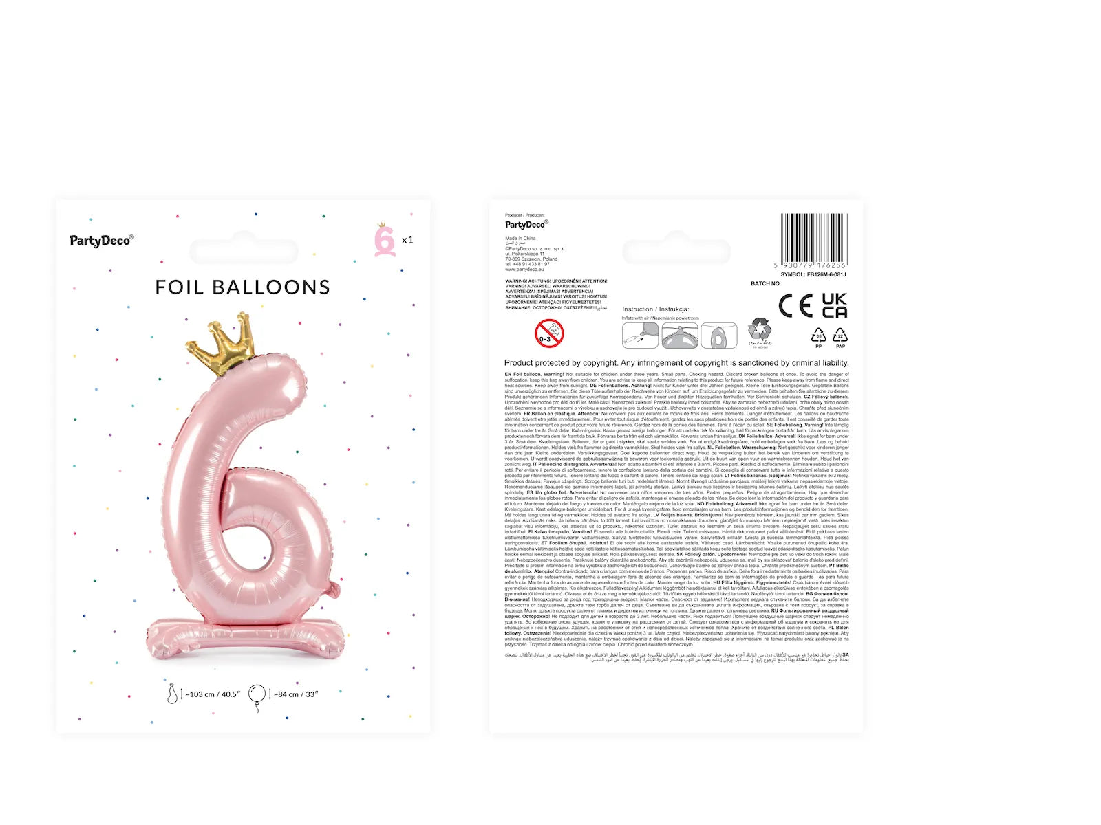 Standing foil balloon Number ''6'', 33.1in,  light pink