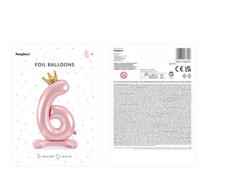 Standing foil balloon Number ''6'', 33.1in,  light pink