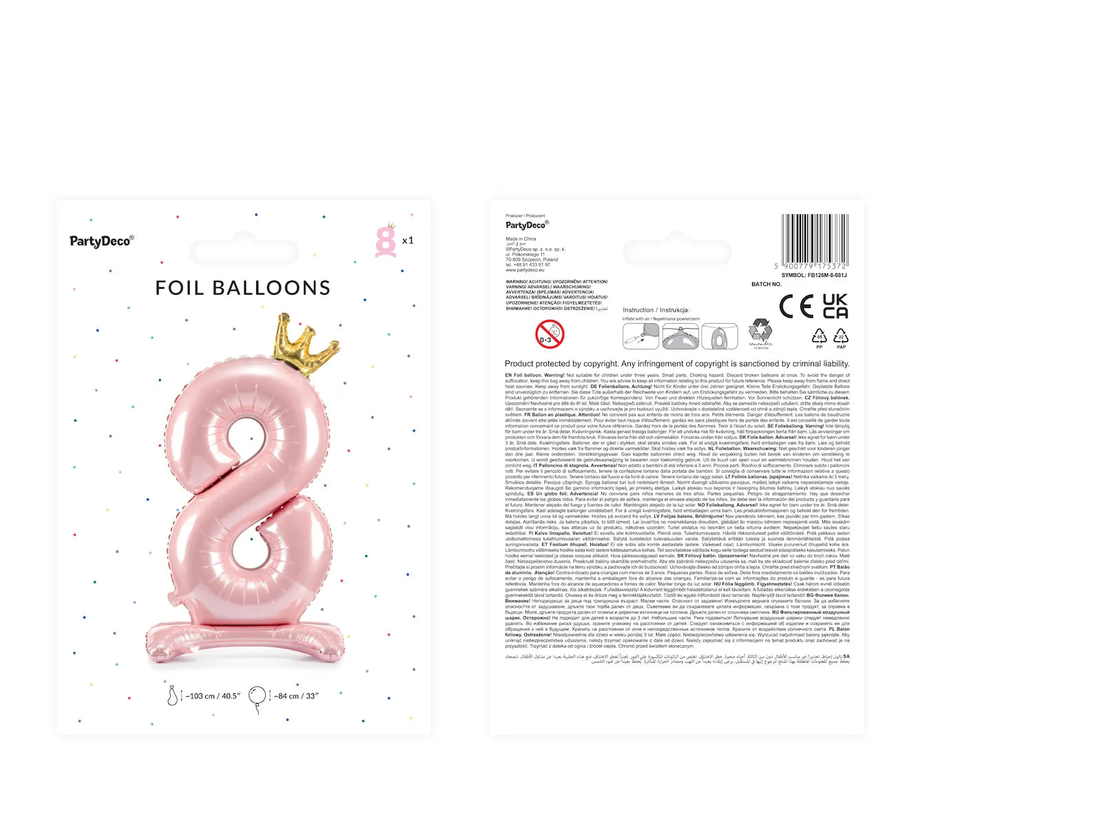 Standing foil balloon Number ''8'', 33.1in,  light pink