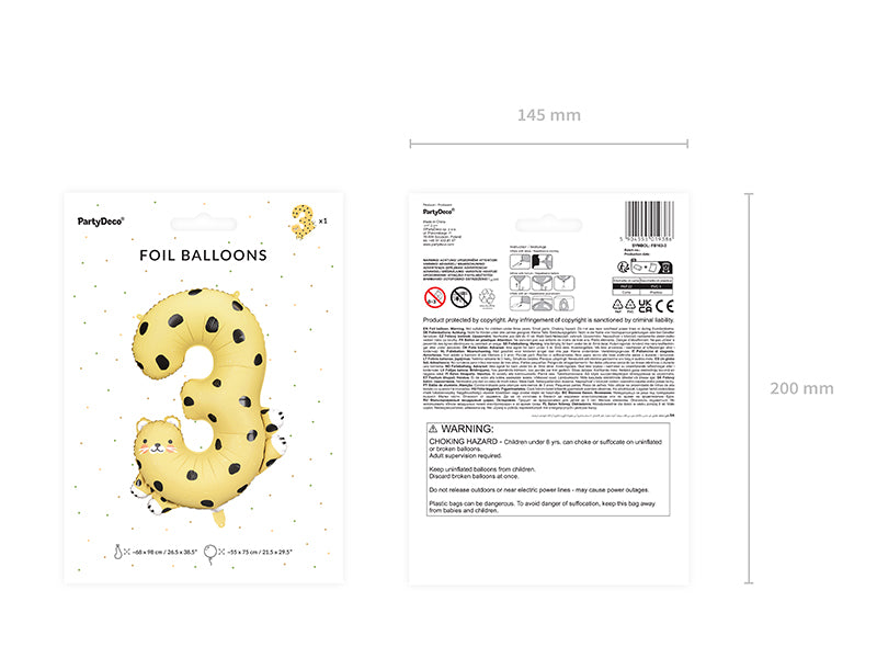 Foil balloon Number 3 - Cheetah, 26.8x38.6in, mix
