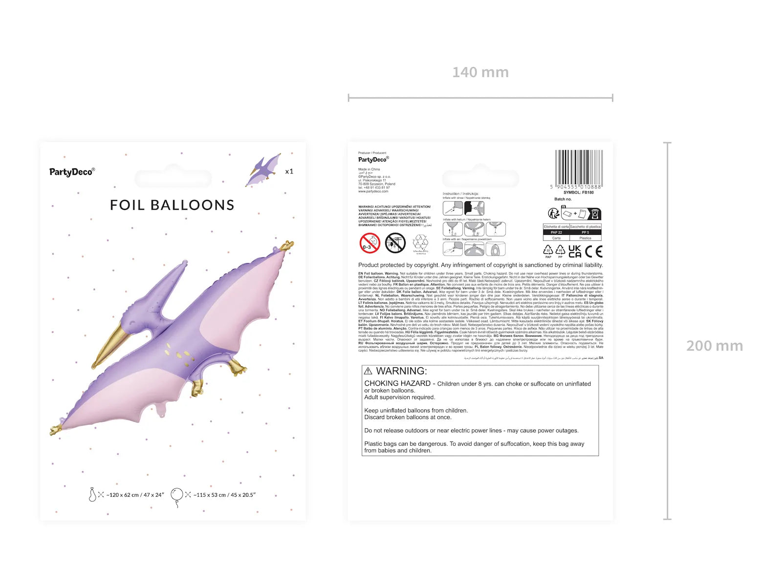 Foil balloon Pterodactyl,147.2x24.4in, mix
