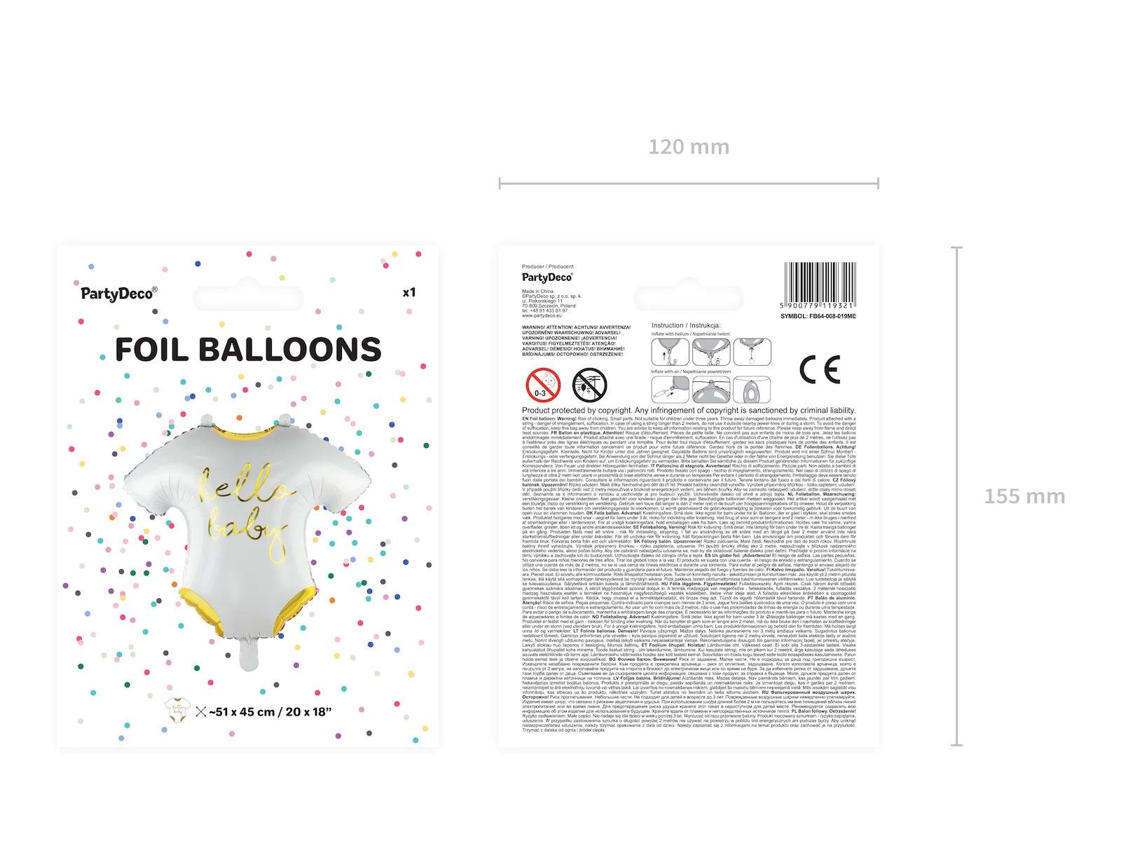 Foil Balloon Baby Romper - Hello Baby, 20.1 x 17.7 in, White