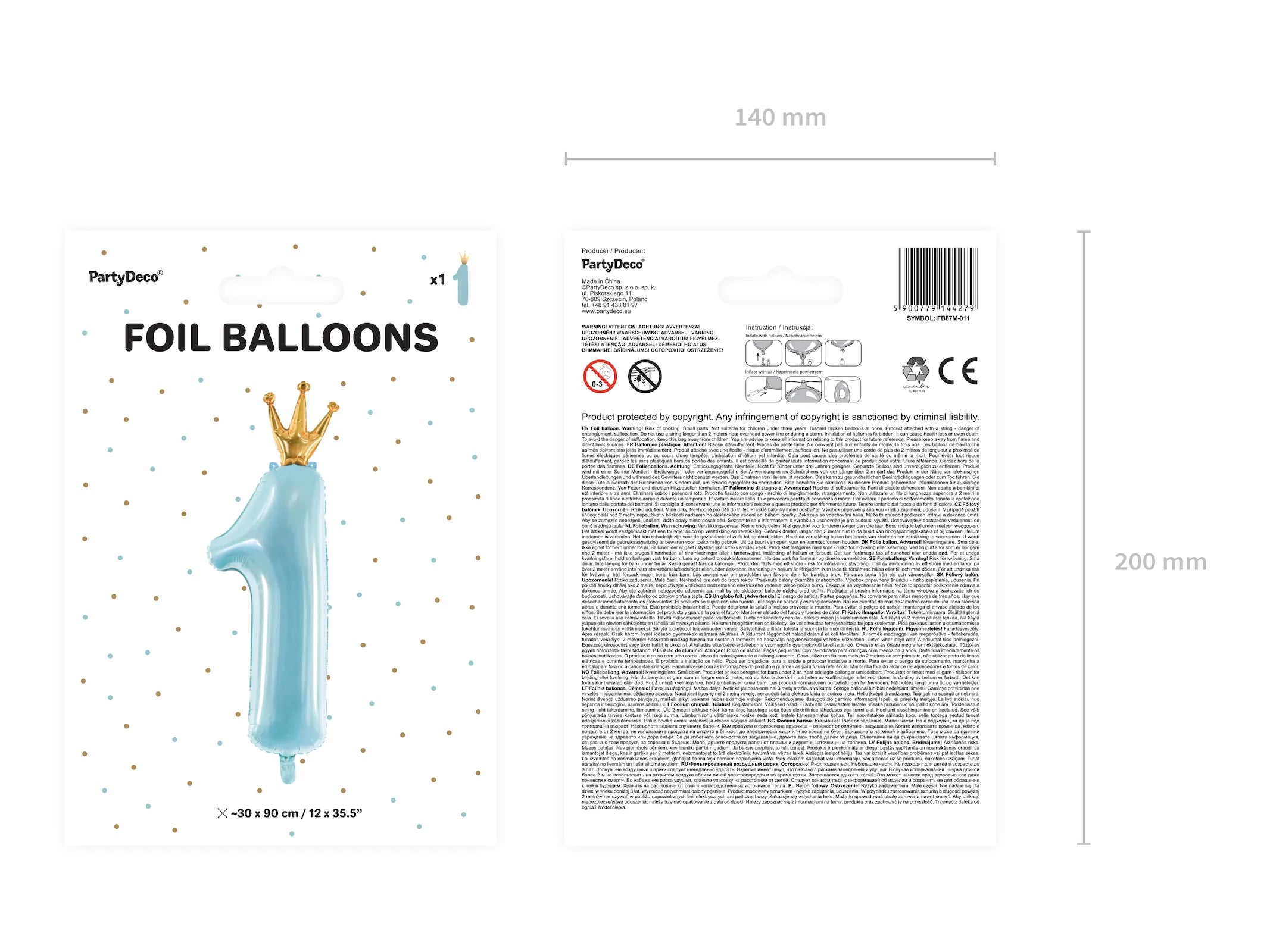 Foil Balloon Number ''1'', 14.6 x 39.4 in, Sky-Blue