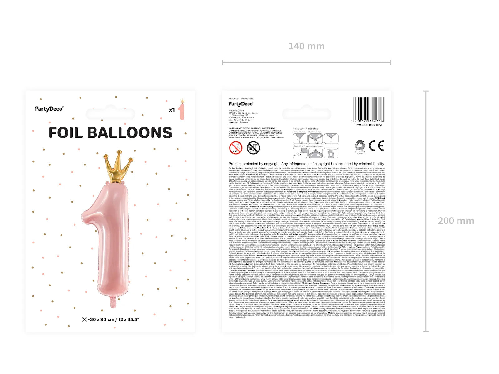 Foil Balloon Number ''1'', 14.6 x 39.4 in, Light Pink