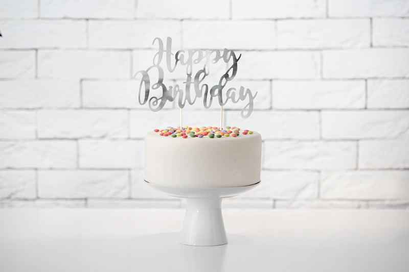 Cake Topper Happy Birthday, Silver, 8.9 in