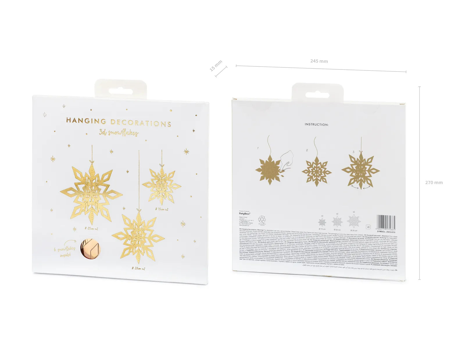 Hanging decoration Snowflakes, Gold, 5.9 - 9.8 in